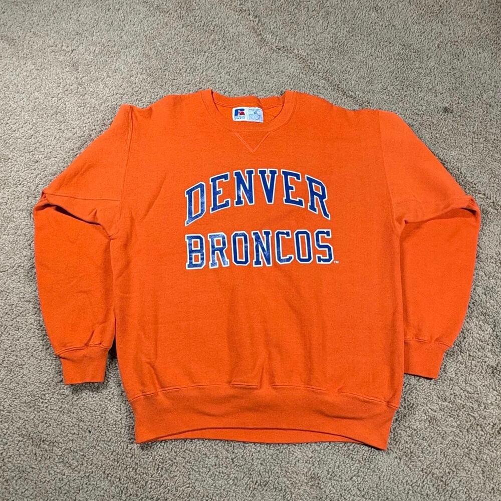 Vintage Denver Broncos Sweatshirt Orange Russell Athletic Mens Size XL‎ NFL